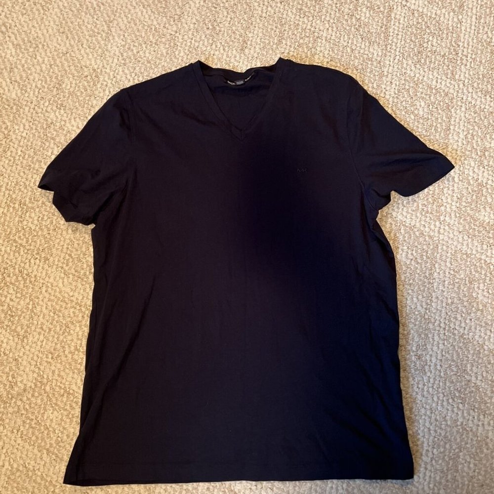 Michael Kors MK Logo Mens V-Neck Short Sleeve T-Shirt Size Large Navy Blue